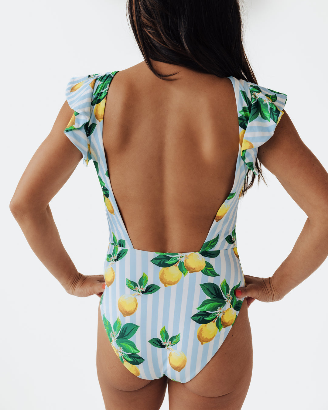 Women's Amalfi Coast Inspired Lemon One Piece Ruffle Swim Suit with Ruffle Sleeves and Square Back- women's Swimwear, Back View