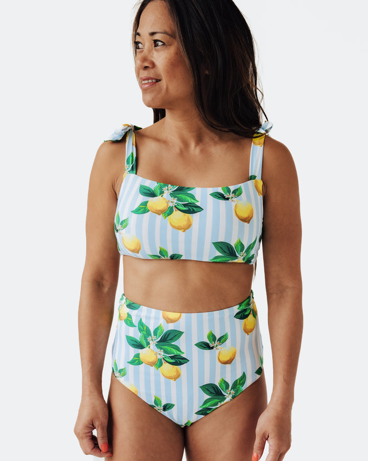 Navalora Swim Women's Amalfi Coast Inspired Lemon Tie Top Bandeau Bikini Top, Model Studio View