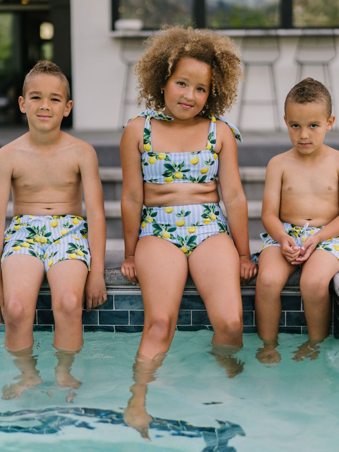 Navalora Swim Boy's Amalfi Coast Inspired Lemon Swim Shorts, Sibling Sister and Brother Matching Swimsuits, ready to swim