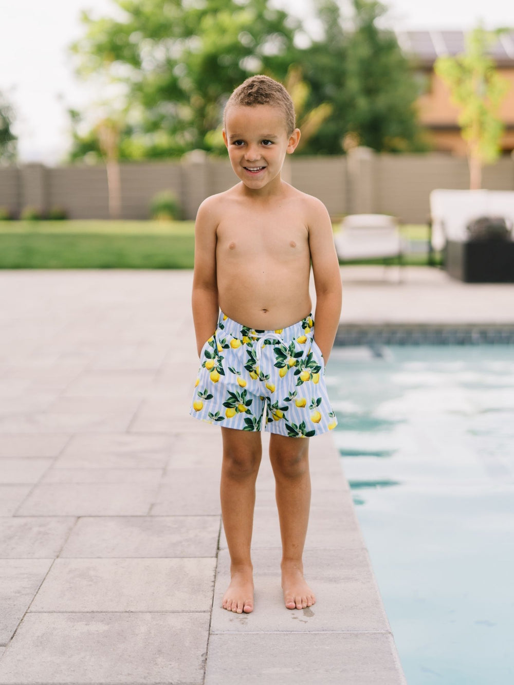 Navalora Swim Boy's Amalfi Coast Inspired Lemon Swim Shorts, toddler Standing by the Pool 