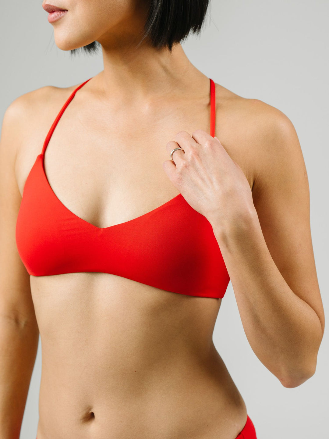 Navalora Swim Scarlett Red Strappy Bikini Top with adjustable criss-cross straps on the back, Main Image