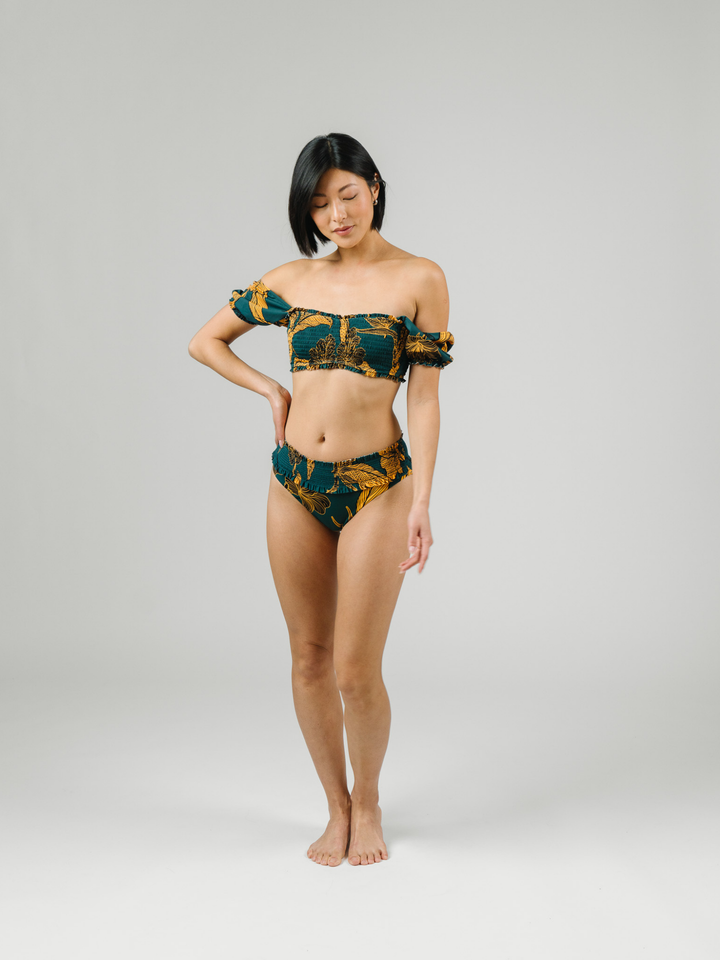 Women's Emerald Enchantment Smocked Waist Bikini Bottom – women's swimwear, worn by Model in Studio Full Body View
