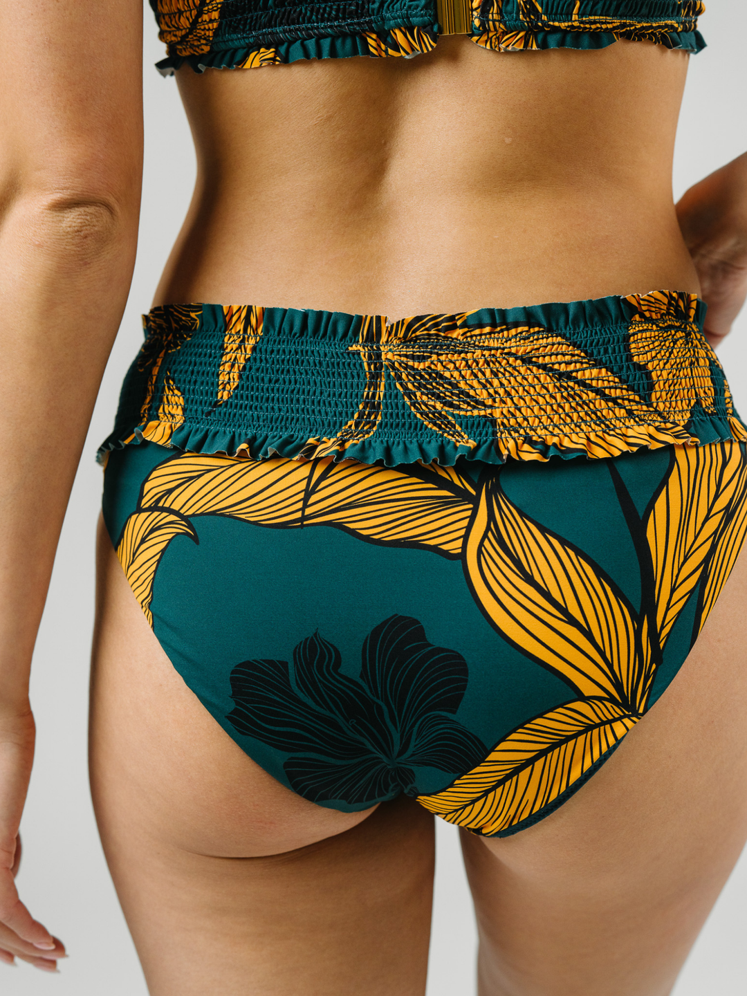 Women's Emerald Enchantment Smocked Waist Bikini Bottom – women's swimwear, worn by Model in Studio Close Up Back View Altternate