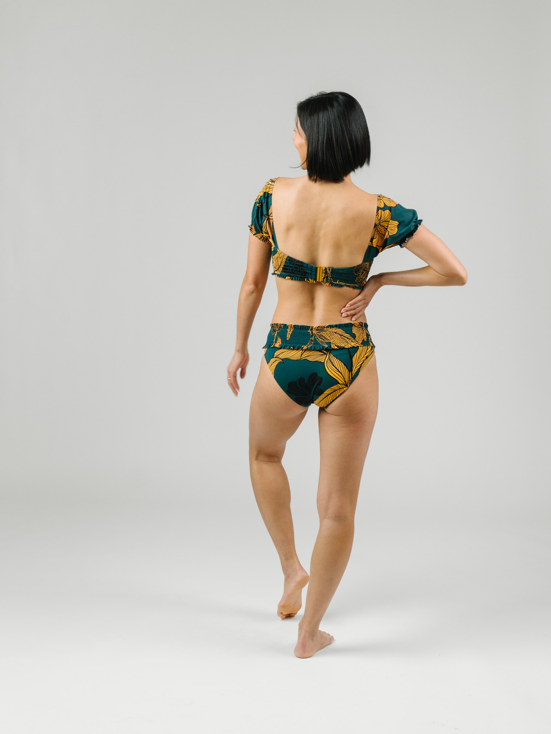 Women's Emerald Enchantment Smocked Waist Bikini Bottom – women's swimwear, worn by Model in Studio Full Back View Alternate