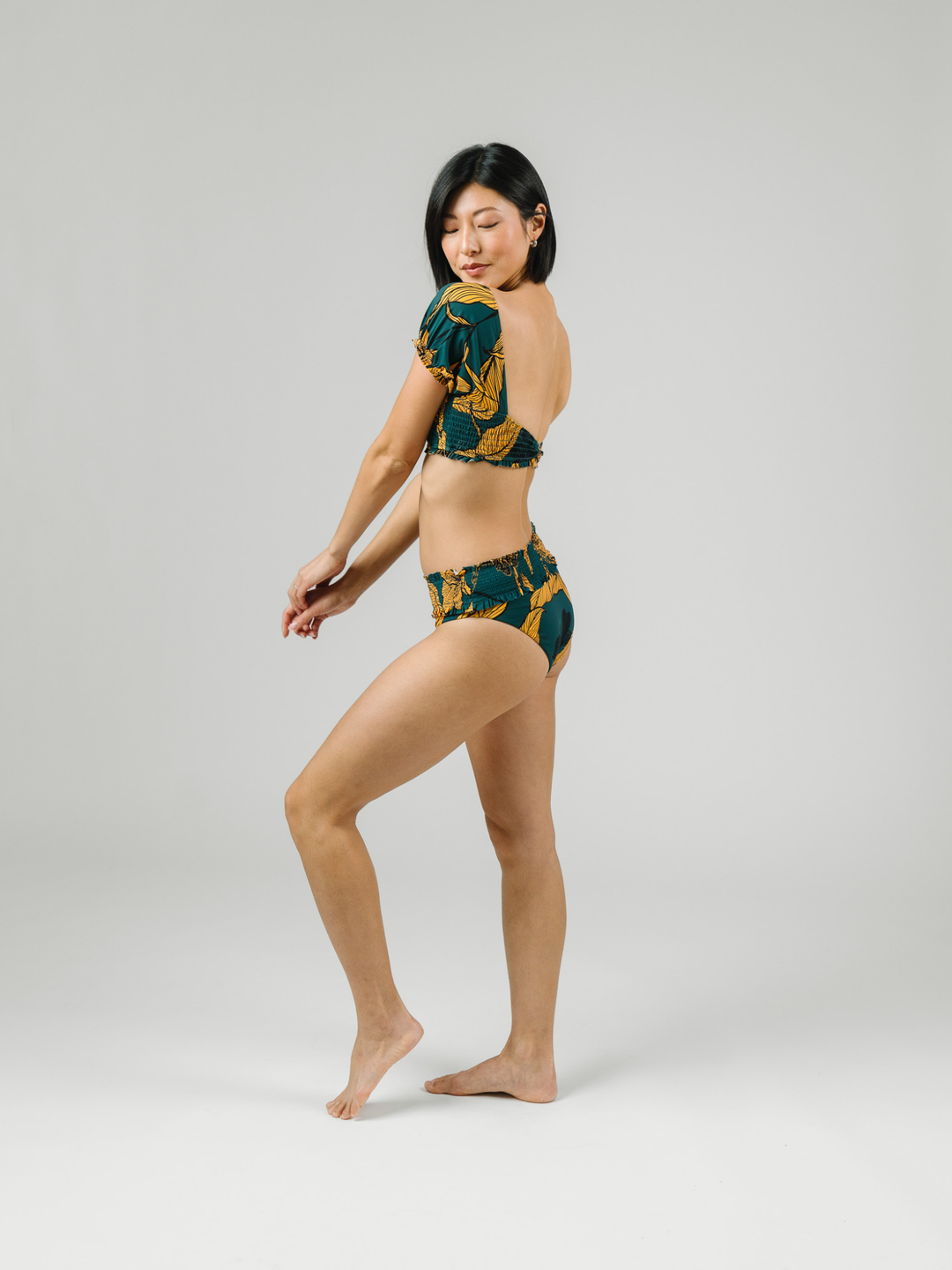 Women's Emerald Enchantment Underwire Bikini Top with Sleeves – women's swimwear, Worn by a model in studio Alternate side view