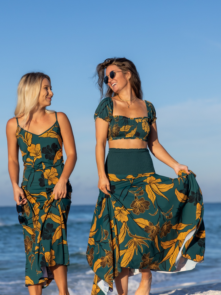 Women's Emerald Enchantment Underwire Bikini Top with Sleeves – women's swimwear, Worn by a woman on the Beach in Florida,  with the convertible dress as a skirt