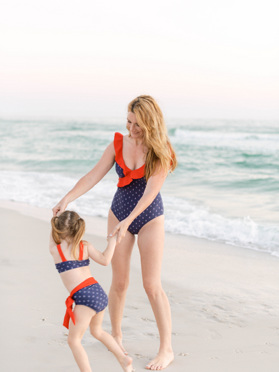 Navalora Matching Swimsuits for Couples and Matching Swimsuits for Families Women's Red White and Blue Anchors Aweigh Ruffle One Piece Swimsuit