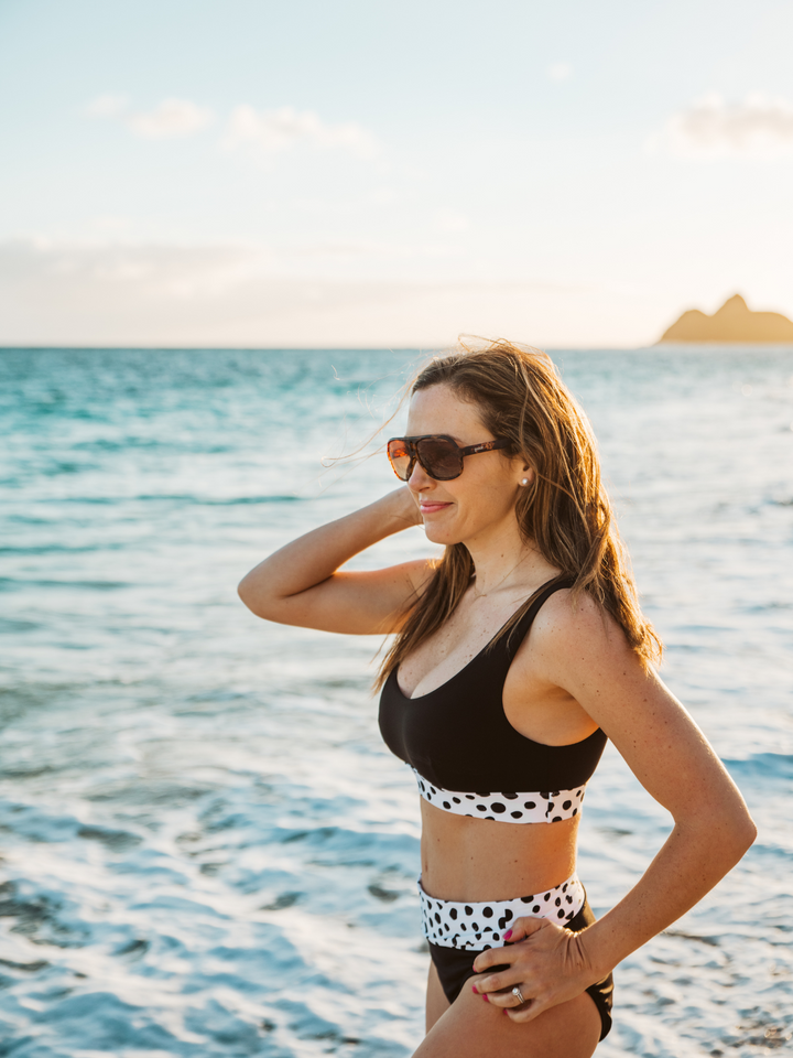 Navalora Matching Swimsuits Women's Dalmatians on Vacation Black and White Sporty Bikini Top