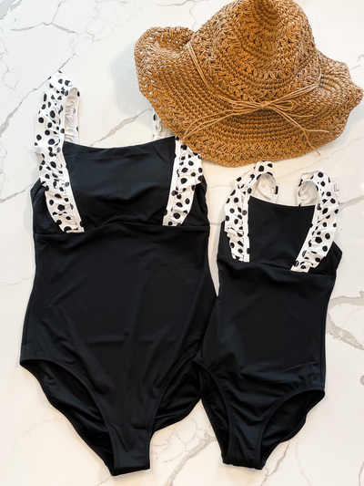 Mom and Daughter Matching Swimsuit Options featuring the Navalora Black and White Dalmatians on Vacation Collection